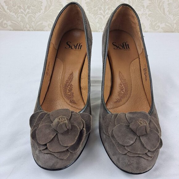 Sofft Size 8W Fiorella Gray Suede Leather Heels Flower on Front Round Toe NWOT - Picture 1 of 14